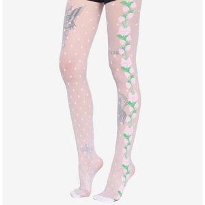 White and pink strawberry vine sheer tights